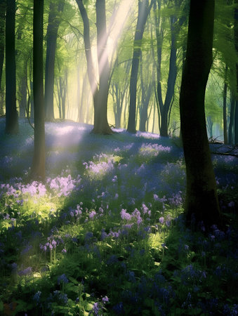 Beautiful spring forest landscape with bluebells and sunbeamsの素材