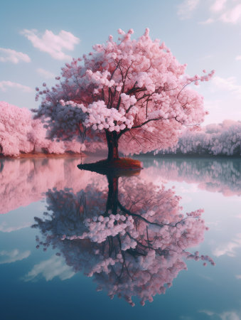 Cherry blossom tree reflected in a lake. 3D renderingの素材
