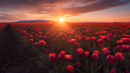 Tulip field at sunset. Beautiful nature landscape with colorful tulip flowers.の素材