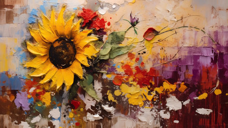 Painting of sunflower with paint splashes, grunge backgroundの素材