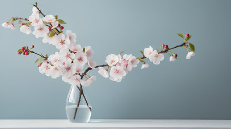 Beautiful cherry blossom branch in vase on blue wall backgroundの素材