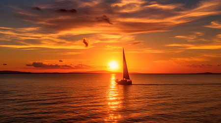 Sailing boat in the sea at sunset. Beautiful seascape.の素材
