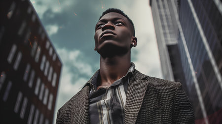 Handsome african american man in a stylish jacket on the background of the cityの素材