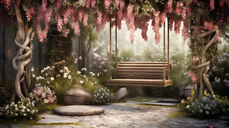 Wooden swing in the garden with flowers. 3D rendering.の素材