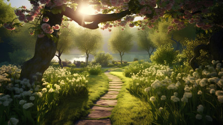 Beautiful spring landscape with blooming trees and lake. 3d renderの素材