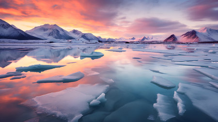 Fantastic winter landscape. Dramatic sunset over the glacier Lagoon. Location: Lofoten islands, Norway, Europeの素材