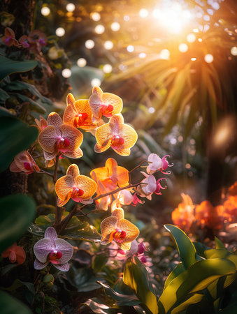 Beautiful blooming orchid flowers in tropical garden with sunlight.の素材