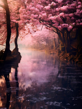 Cherry blossoms in full bloom with reflection in the lake.の素材