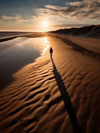 Silhouette of a man walking on the beach at sunset.の素材