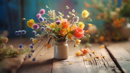 Bouquet of wildflowers in vase on wooden backgroundの素材