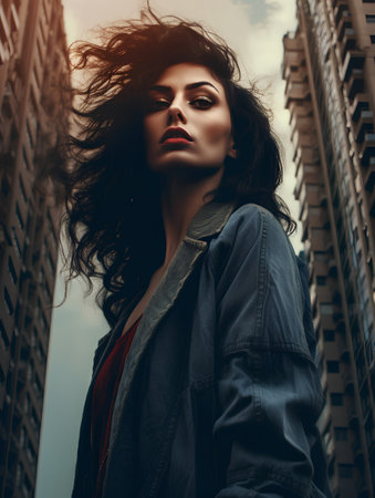 Beautiful young brunette woman with long curly hair posing in the city.の素材