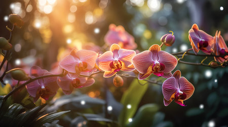 Beautiful orchid flowers blooming in the garden with sunlight.の素材