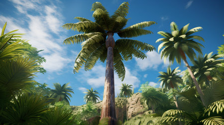 Palm trees in the jungle with blue sky. 3d renderの素材
