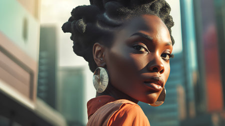 Fashionable african american woman with earrings posing in the city.の素材