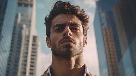Portrait of a handsome young man on a background of skyscrapersの素材