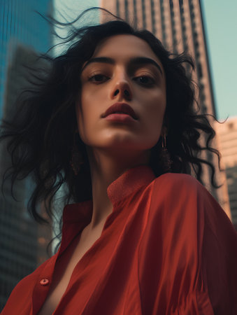 fashion outdoor photo of beautiful sensual woman with dark hair in elegant clothes posing in the cityの素材
