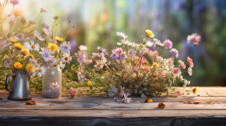 summer bouquet of wildflowers on a wooden table.の素材