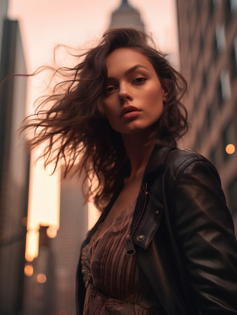 Beautiful young woman in a leather jacket on the background of the cityの素材