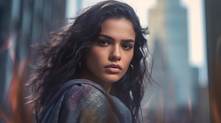 Portrait of a beautiful young brunette woman with long curly hair.の素材