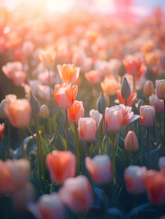 Tulip field in the sunlight. Beautiful nature scene with blooming flowers.の素材