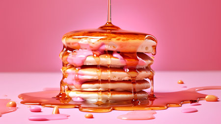 Pouring honey on pancake stack with pink background. 3d renderingの素材