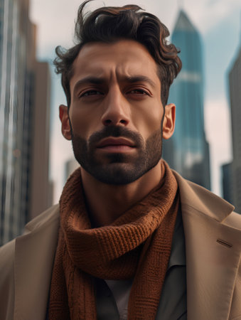 Portrait of handsome young man in beige coat and scarf.の素材