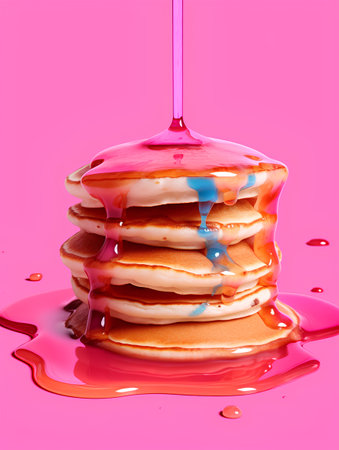Pancakes with syrup dripping on pink background, close-upの素材