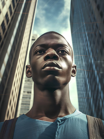 Portrait of young african american man in front of skyscrapersの素材