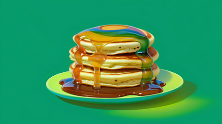 Pancakes with syrup on green background. 3d illustration.の素材