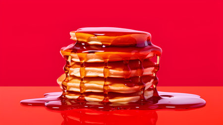 Stack of pancakes with maple syrup on red background. 3d illustrationの素材