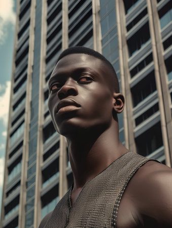Portrait of a young african american man on the background of skyscrapersの素材