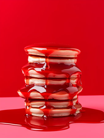 Stack of pancakes with strawberry jam on a red background. Copy space.の素材