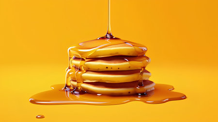 Pancakes with honey dripping on yellow background. 3d renderingの素材