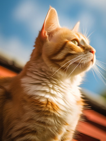Portrait of a red cat on the roof of the house.の素材