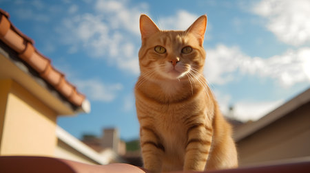 ginger cat sitting on the roof of a house against the blue skyの素材