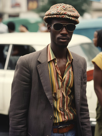 Fashionable man poses outside Gucci fashion show building for Milan Women's Fashion Week.の素材
