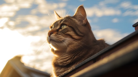 Portrait of a cat on the roof of the house in the rays of the sunの素材
