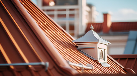 Roof tiles with a chimney on the roof of the houseの素材