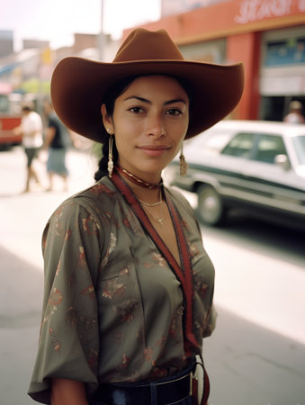 Fashionable woman poses outside Gucci fashion show building for Milan Women's Fashion WeekEMbre 27, 2015 in Milan.の素材