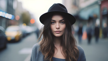 Beautiful young woman in a hat on the street in the eveningの素材