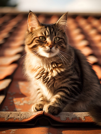 Portrait of a beautiful cat on the roof of the house.の素材