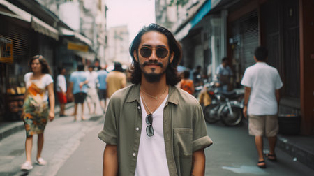 Handsome bearded man in sunglasses walking on the street of a European cityの素材