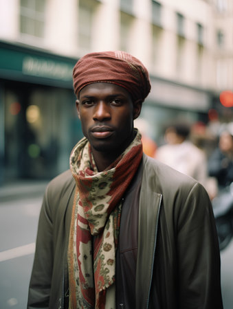 Handsome african american man wearing a headscarf and coat in the cityの素材