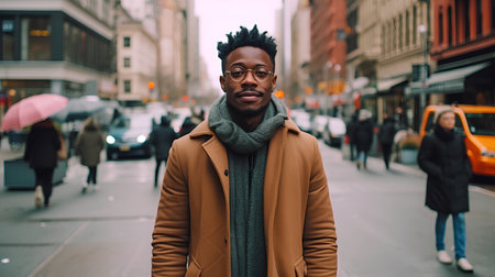 Young african american man in eyeglasses and coat walking on the street.の素材