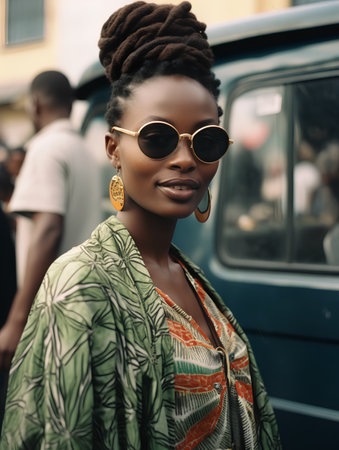 Fashionable african american woman with dreadlocks wearing stylish clothes and sunglasses on the street.の素材