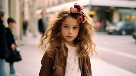 Portrait of a cute little girl with curly hair on the street.の素材