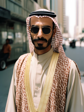 Handsome arabian man wearing traditional clothes and sunglasses outdoorsの素材