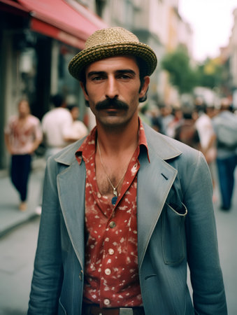 Handsome Italian man in a hat and jacket walking on the streetの素材