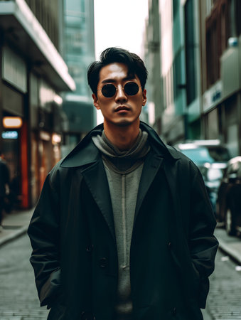 Portrait of a handsome asian man in black coat and sunglassesの素材