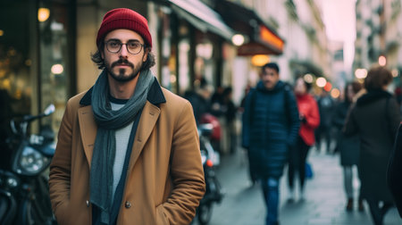 Handsome bearded hipster man with glasses and a red cap in the cityの素材